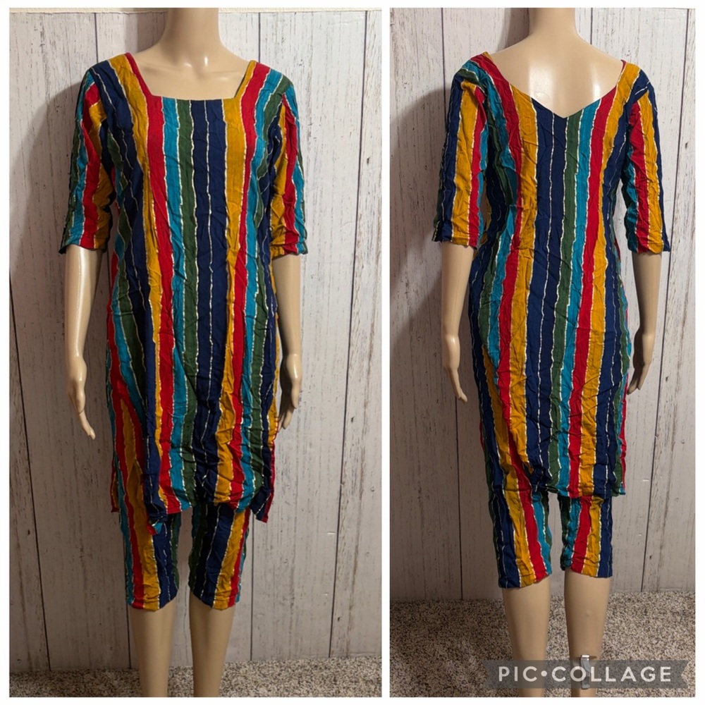 Bandhani Printed Cotton Kurta Set Colorful Striped Long Sleeve Set